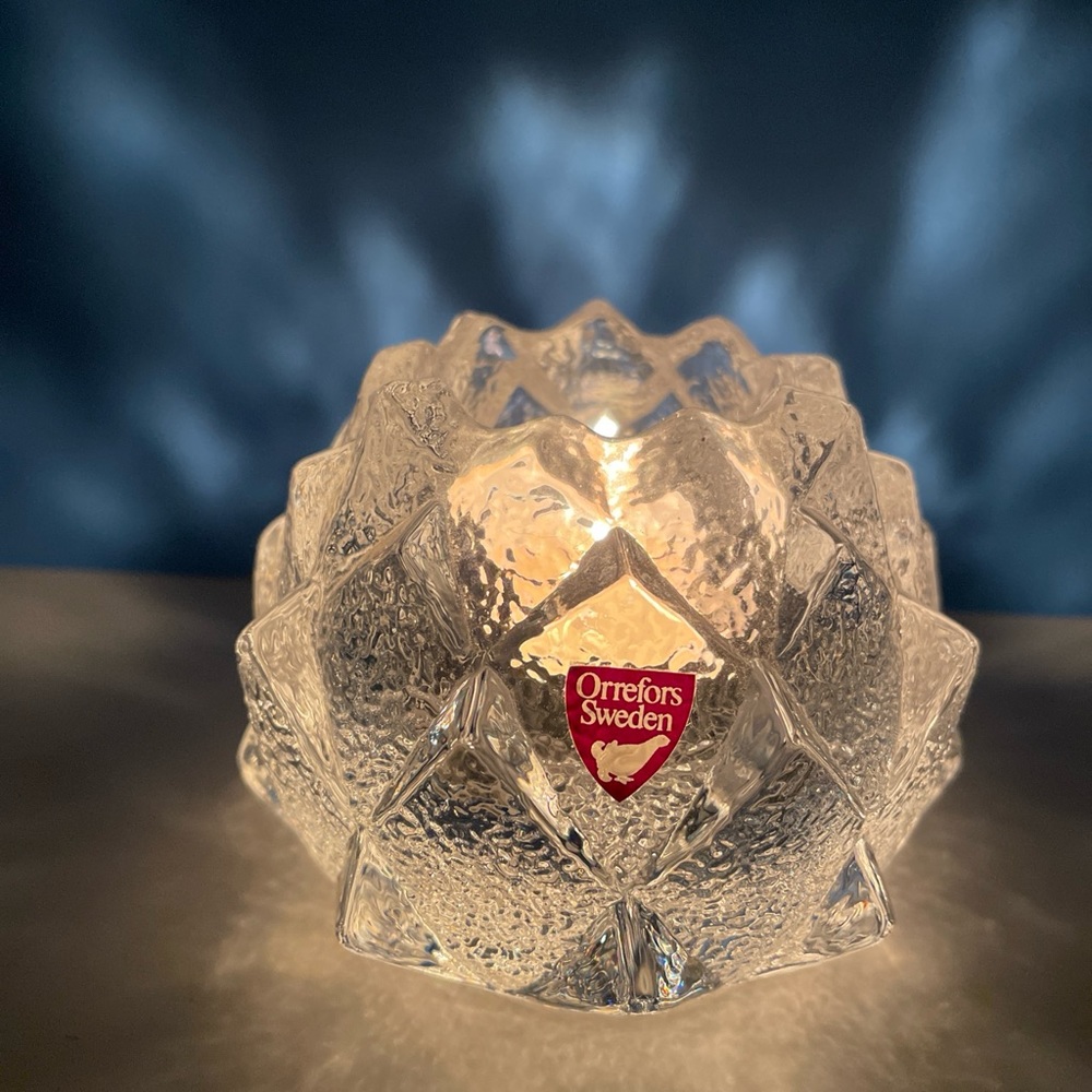 Orrefors Sweden Firefly Nimbus Crystal tealight candle holder, 3.5 inches high